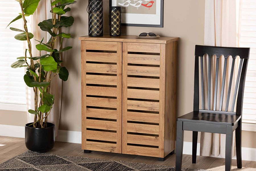 Baxton Studio Adalwin Modern and Contemporary Oak Brown Finished Wood 2-Door Shoe Storage Cabinet | Cabinets | Modishstore - 3