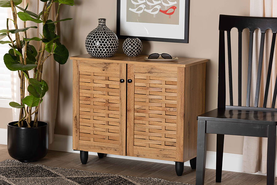 Baxton Studio Winda Modern and Contemporary Oak Brown Finished Wood 2-Door Shoe Cabinet | Cabinets | Modishstore - 3