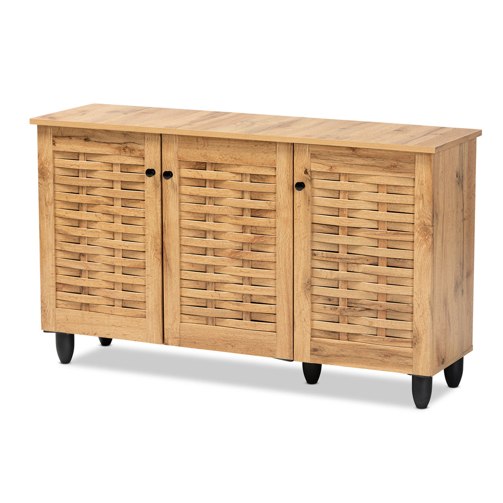 Baxton Studio Winda Modern and Contemporary Oak Brown Finished Wood 3-Door Shoe Cabinet | Cabinets | Modishstore - 2