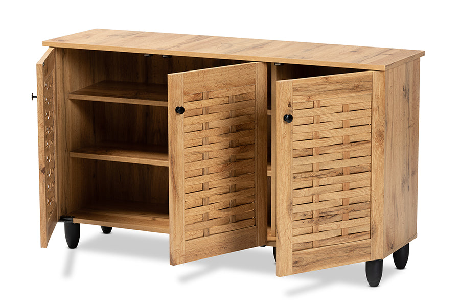 Baxton Studio Winda Modern and Contemporary Oak Brown Finished Wood 3-Door Shoe Cabinet | Cabinets | Modishstore - 8