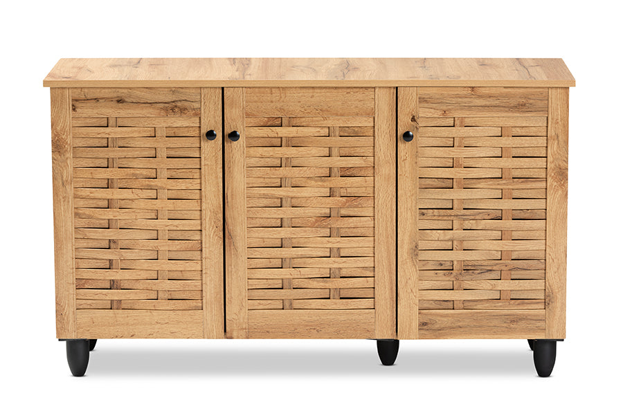 Baxton Studio Winda Modern and Contemporary Oak Brown Finished Wood 3-Door Shoe Cabinet | Cabinets | Modishstore - 7