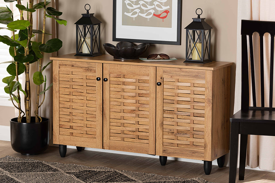Baxton Studio Winda Modern and Contemporary Oak Brown Finished Wood 3-Door Shoe Cabinet | Cabinets | Modishstore - 3
