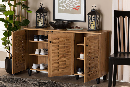 Baxton Studio Winda Modern and Contemporary Oak Brown Finished Wood 3-Door Shoe Cabinet | Cabinets | Modishstore