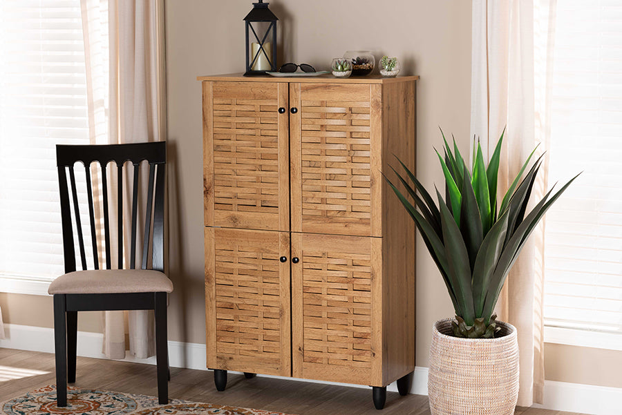 Baxton Studio Winda Modern and Contemporary Oak Brown Finished Wood 4-Door Shoe Storage Cabinet | Cabinets | Modishstore - 9