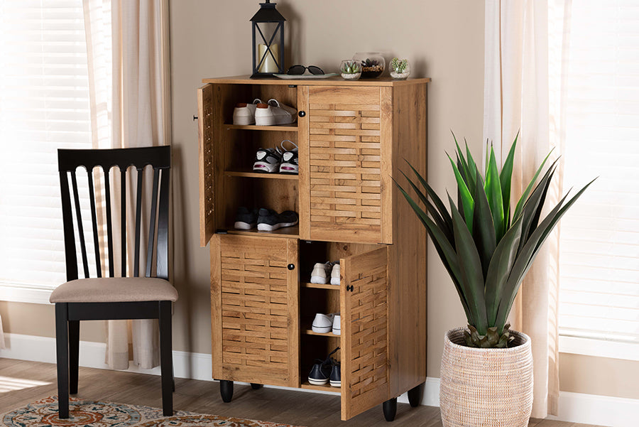 Baxton Studio Winda Modern and Contemporary Oak Brown Finished Wood 4-Door Shoe Storage Cabinet | Cabinets | Modishstore