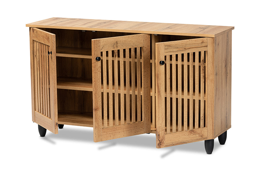 Baxton Studio Fernanda Modern and Contemporary Oak Brown Finished Wood 3-Door Shoe Cabinet | Cabinets | Modishstore - 8