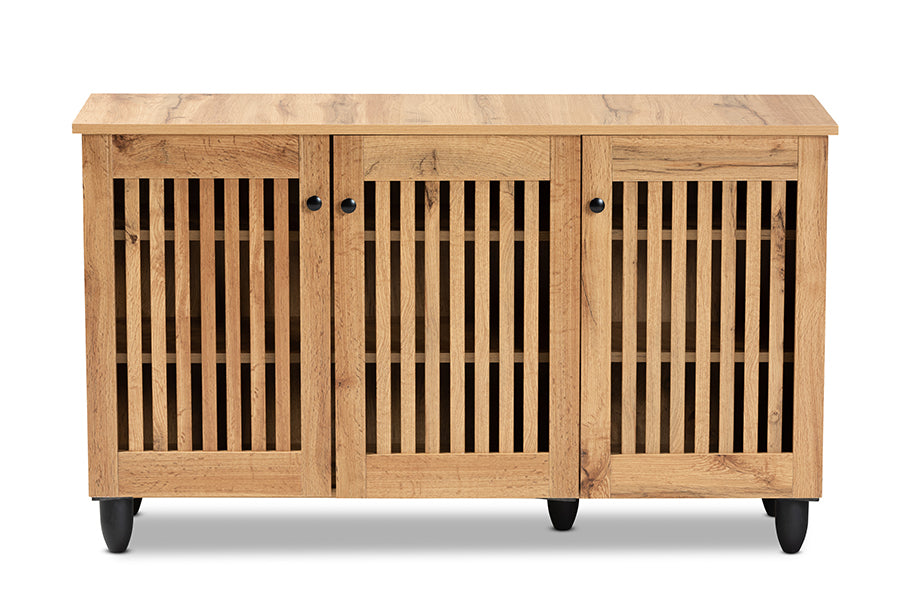 Baxton Studio Fernanda Modern and Contemporary Oak Brown Finished Wood 3-Door Shoe Cabinet | Cabinets | Modishstore - 7