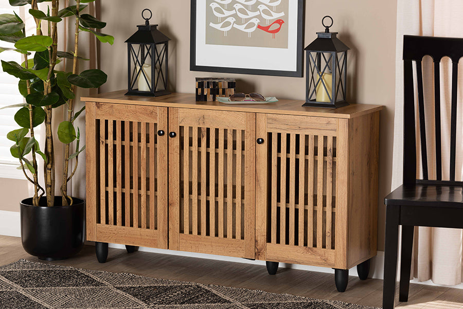 Baxton Studio Fernanda Modern and Contemporary Oak Brown Finished Wood 3-Door Shoe Cabinet | Cabinets | Modishstore - 2