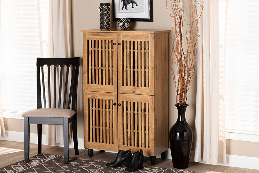 Baxton Studio Fernanda Modern and Contemporary Oak Brown Finished Wood 4-Door Shoe Storage Cabinet | Cabinets | Modishstore - 3