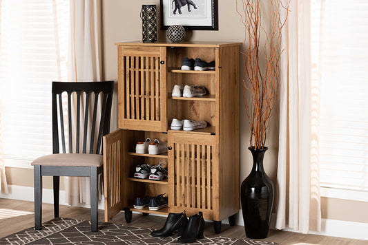 Baxton Studio Fernanda Modern and Contemporary Oak Brown Finished Wood 4-Door Shoe Storage Cabinet | Cabinets | Modishstore