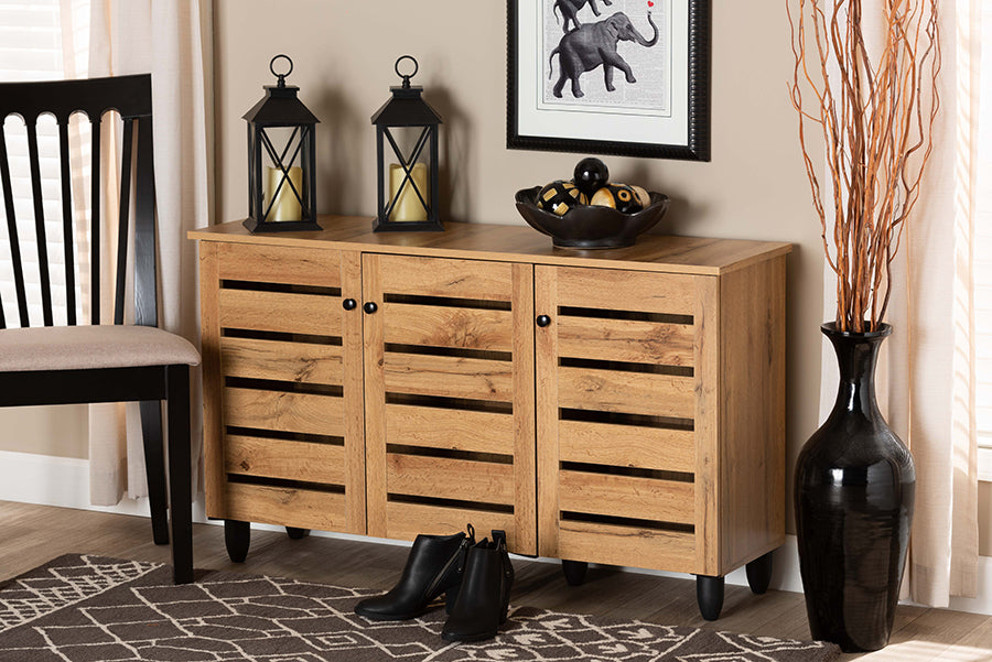 Baxton Studio Gisela Modern and Contemporary Oak Brown Finished Wood 3-Door Shoe Storage Cabinet | Cabinets | Modishstore - 3