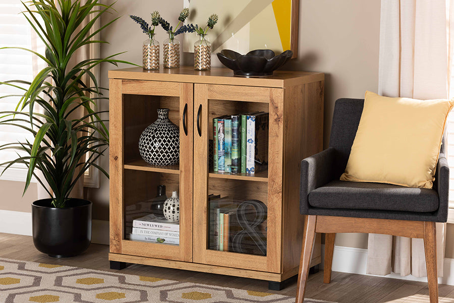 Baxton Studio Zentra Modern and Contemporary Oak Brown Finished Wood 2-Door Storage Cabinet with Glass Doors | Cabinets | Modishstore