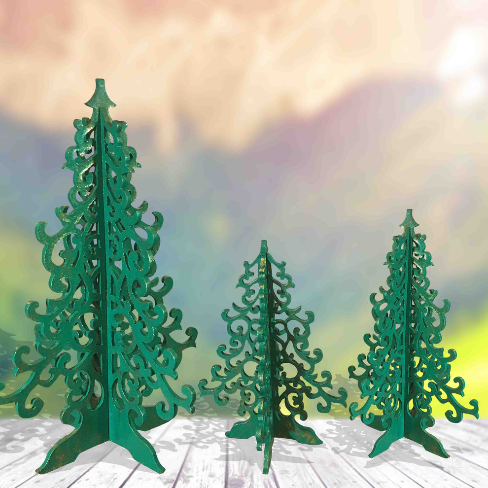 Yuletide Christmas Trees- Wooden-Set of 3- Green/Red/Pink/White | ModishStore | Holiday