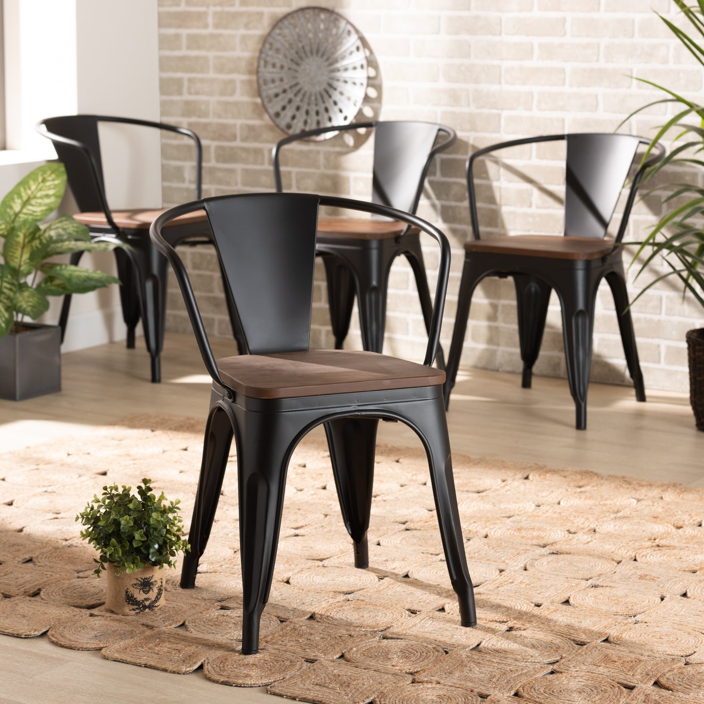 Baxton Studio Ryland Modern Industrial Black Metal And Walnut Brown Finished Wood 4-Piece Dining Chair Set | Dining Chairs | Modishstore