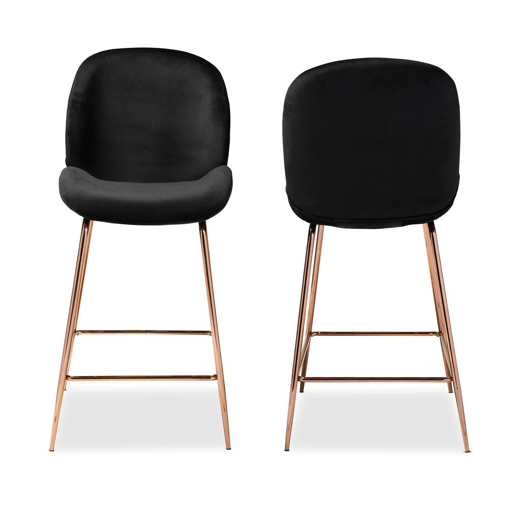 Baxton Studio Lander Modern Luxe And Glam Black Velvet Fabric Upholstered And Rose Gold Finished Metal 2-Piece Counter Stool Set | Counter Stools | Modishstore - 3
