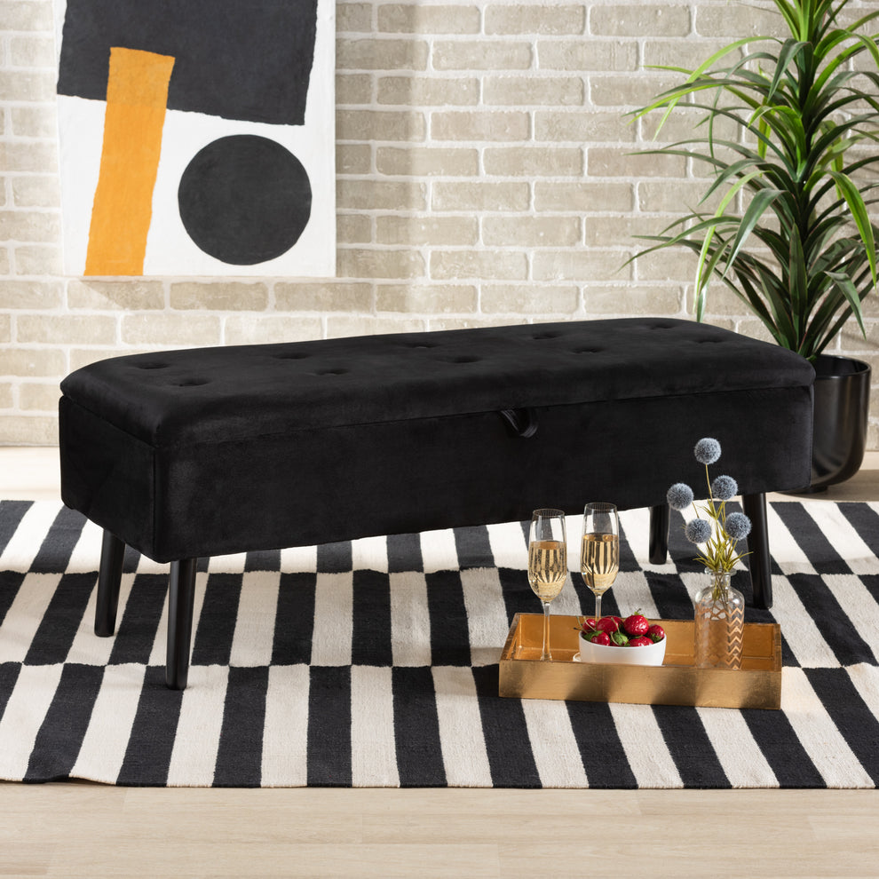 Baxton Studio Caine Modern And Contemporary Black Velvet Fabric Upholstered And Dark Brown Finished Wood Storage Bench | Benches | Modishstore