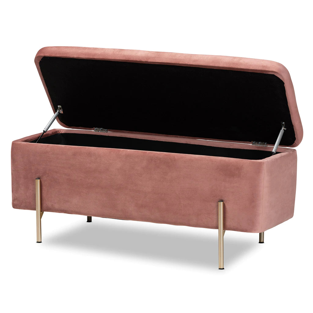 Baxton Studio Rockwell Contemporary Glam And Luxe Blush Pink Velvet Fabric Upholstered And Gold Finished Metal Storage Bench | Benches | Modishstore - 3