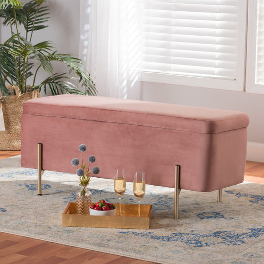 Baxton Studio Rockwell Contemporary Glam And Luxe Blush Pink Velvet Fabric Upholstered And Gold Finished Metal Storage Bench | Benches | Modishstore