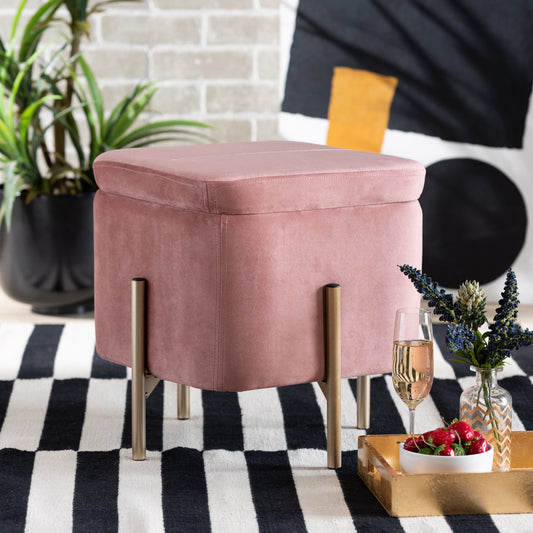 Baxton Studio Aleron Contemporary Glam And Luxe Pink Velvet Fabric Upholstered And Gold Finished Metal Storage Ottoman | Ottomans | Modishstore