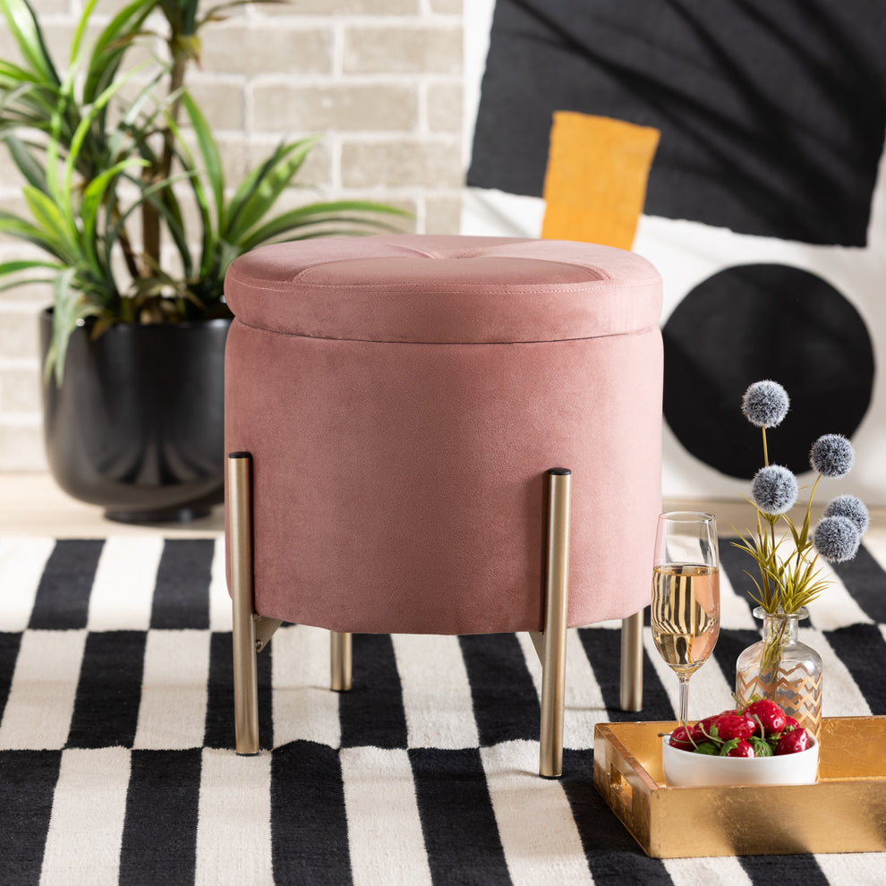 Baxton Studio Malina Contemporary Glam And Luxe Pink Velvet Fabric Upholstered And Gold Finished Metal Storage Ottoman | Ottomans | Modishstore