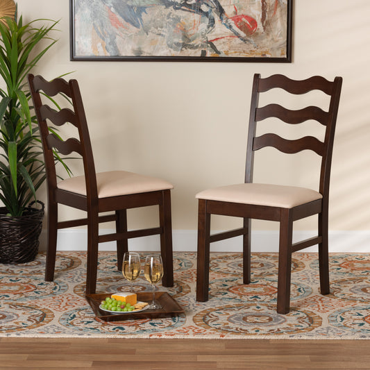 Baxton Studio Amara Mid-Century Modern Cream Fabric And Dark Brown Finished Wood 2-Piece Dining Chair Set | Dining Chairs | Modishstore