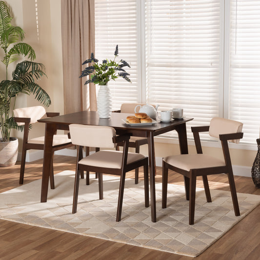Baxton Studio Althea Mid-Century Modern Transitional Cream Fabric And Dark Brown Finished Wood 5-Piece Dining Set | Dining Sets | Modishstore