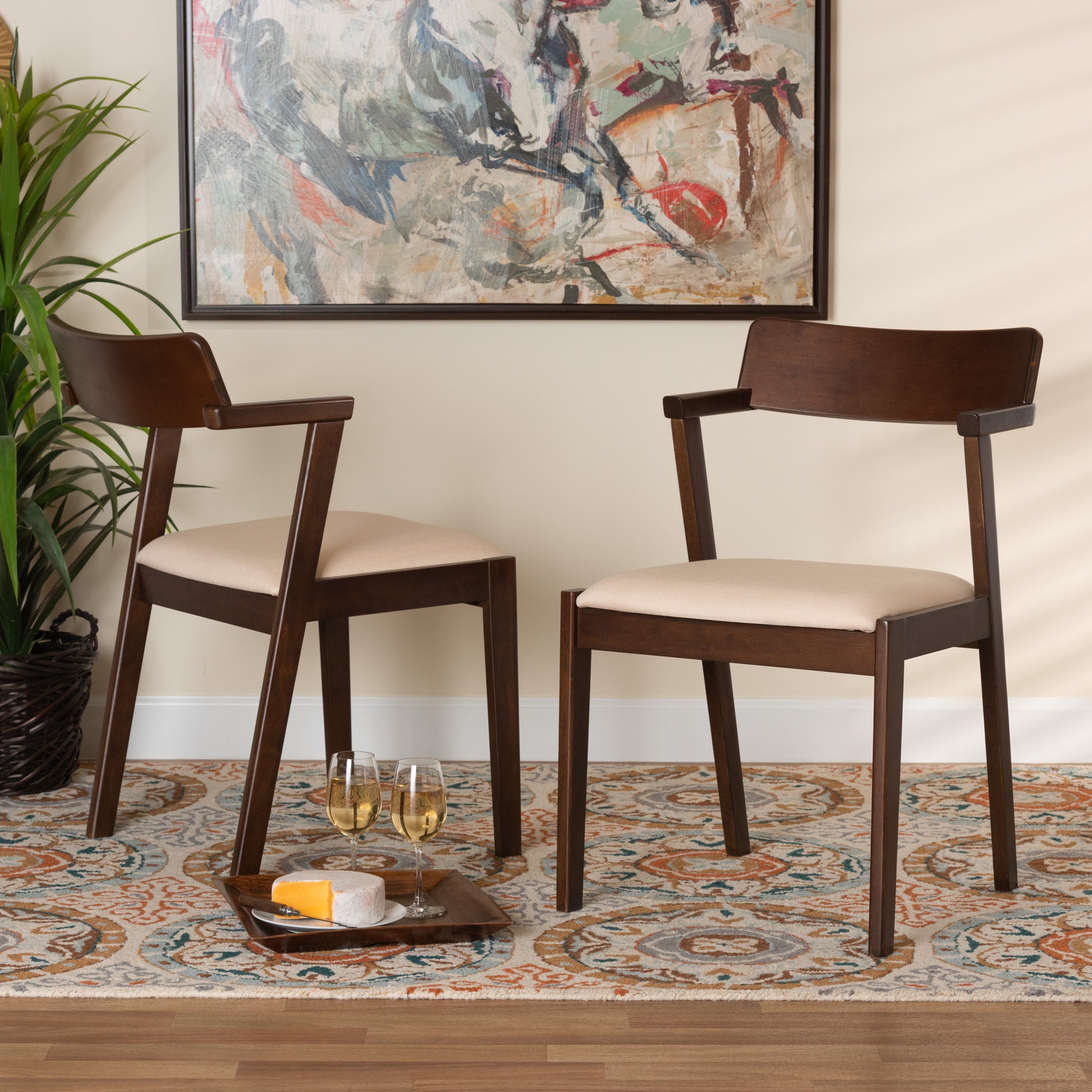Baxton Studio Berenice Mid-Century Modern Transitional Cream Fabric And Dark Brown Finished Wood 2-Piece Dining Chair Set | Dining Chairs | Modishstore