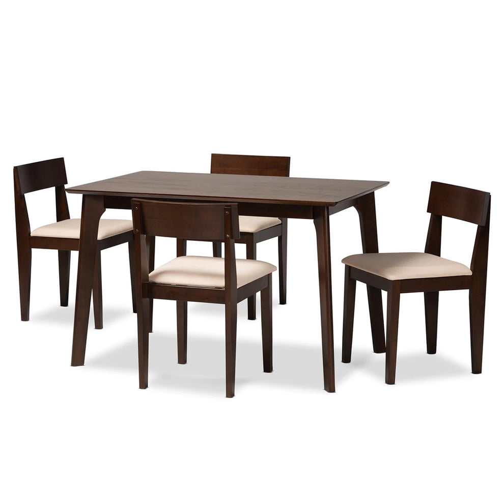 Baxton Studio Camilla Mid-Century Modern Cream Fabric And Dark Brown Finished Wood 5-Piece Dining Set | Dining Sets | Modishstore - 2