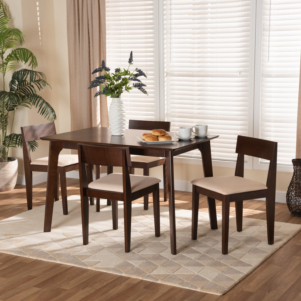 Baxton Studio Camilla Mid-Century Modern Cream Fabric And Dark Brown Finished Wood 5-Piece Dining Set | Dining Sets | Modishstore