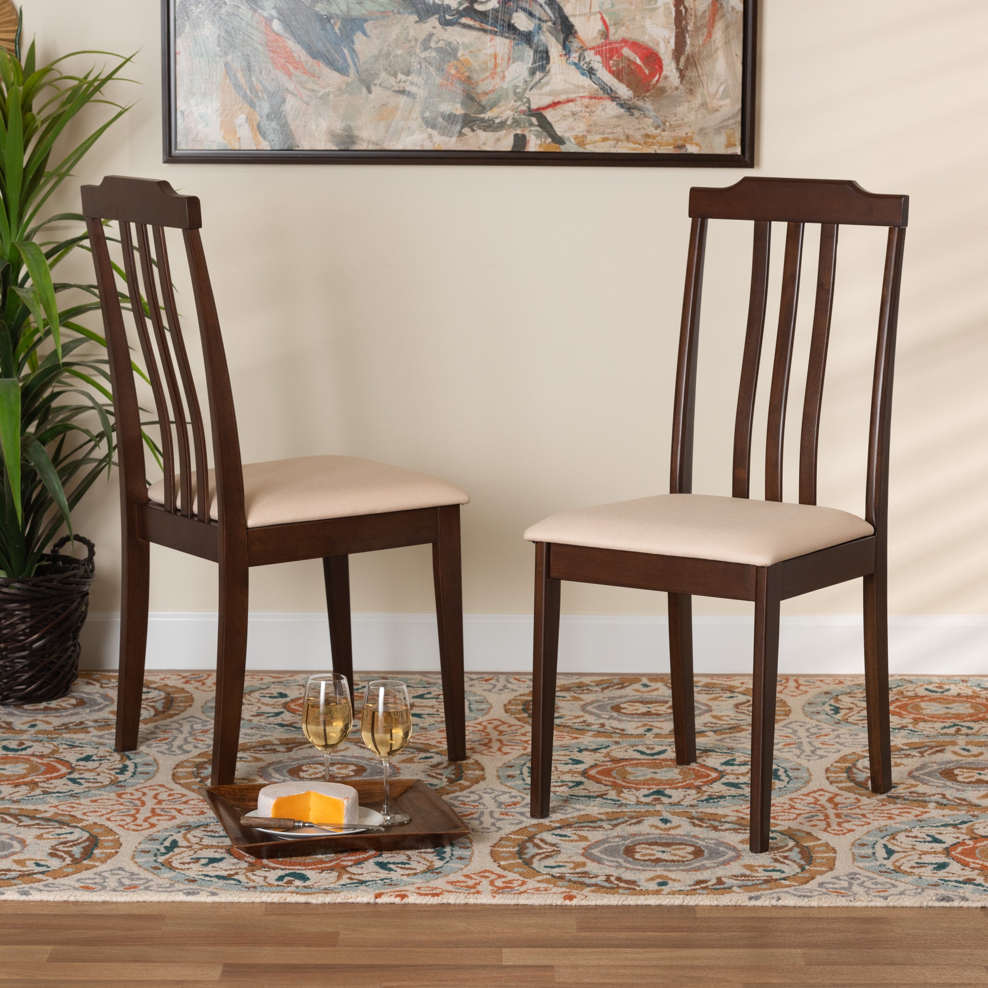 Baxton Studio Clarissa Mid-Century Modern Cream Fabric And Dark Brown Finished Wood 2-Piece Dining Chair Set | Dining Chairs | Modishstore