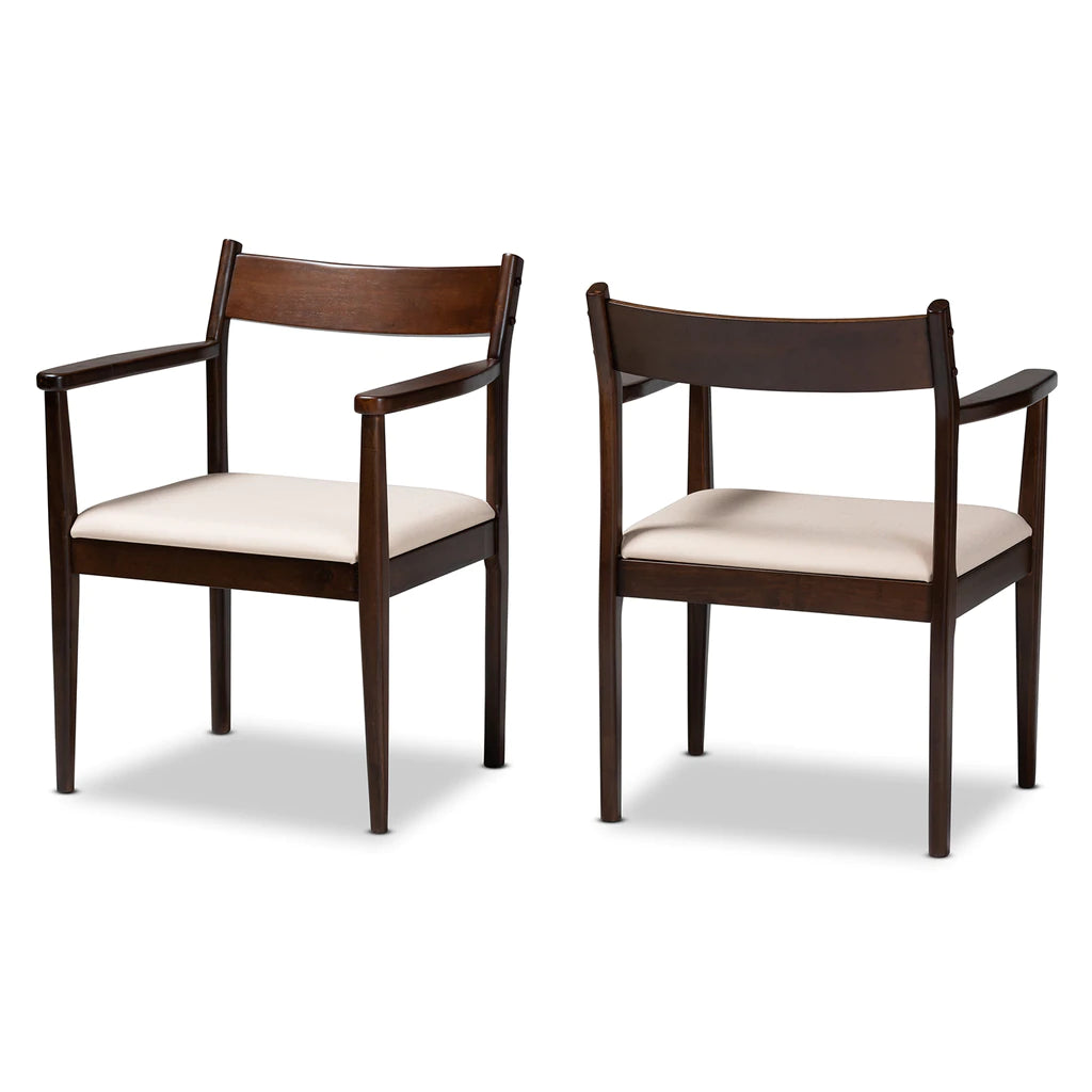 Baxton Studio Coretta Mid-Century Modern Cream Fabric And Dark Brown Finished Wood 2-Piece Dining Chair Set | Dining Chairs | Modishstore - 2