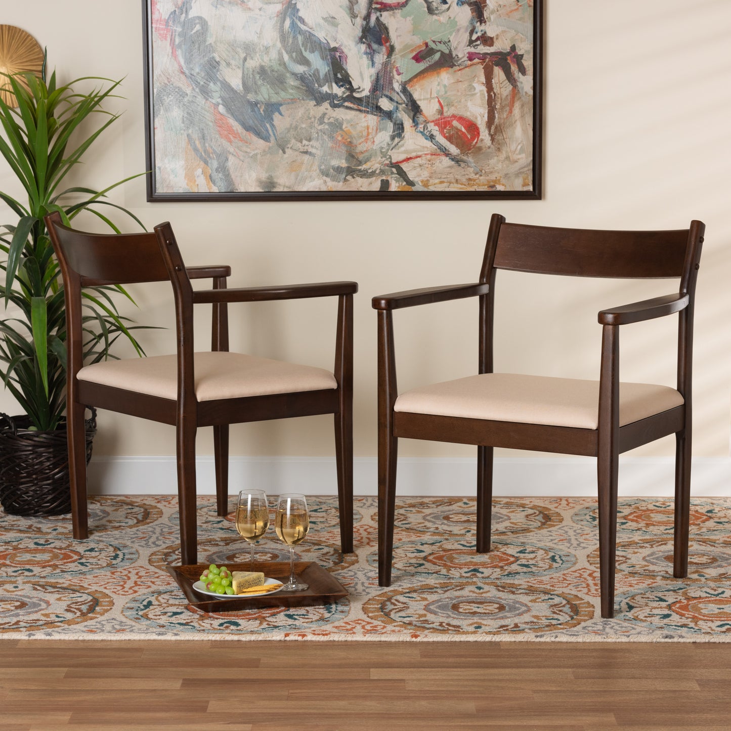 Baxton Studio Coretta Mid-Century Modern Cream Fabric And Dark Brown Finished Wood 2-Piece Dining Chair Set | Dining Chairs | Modishstore