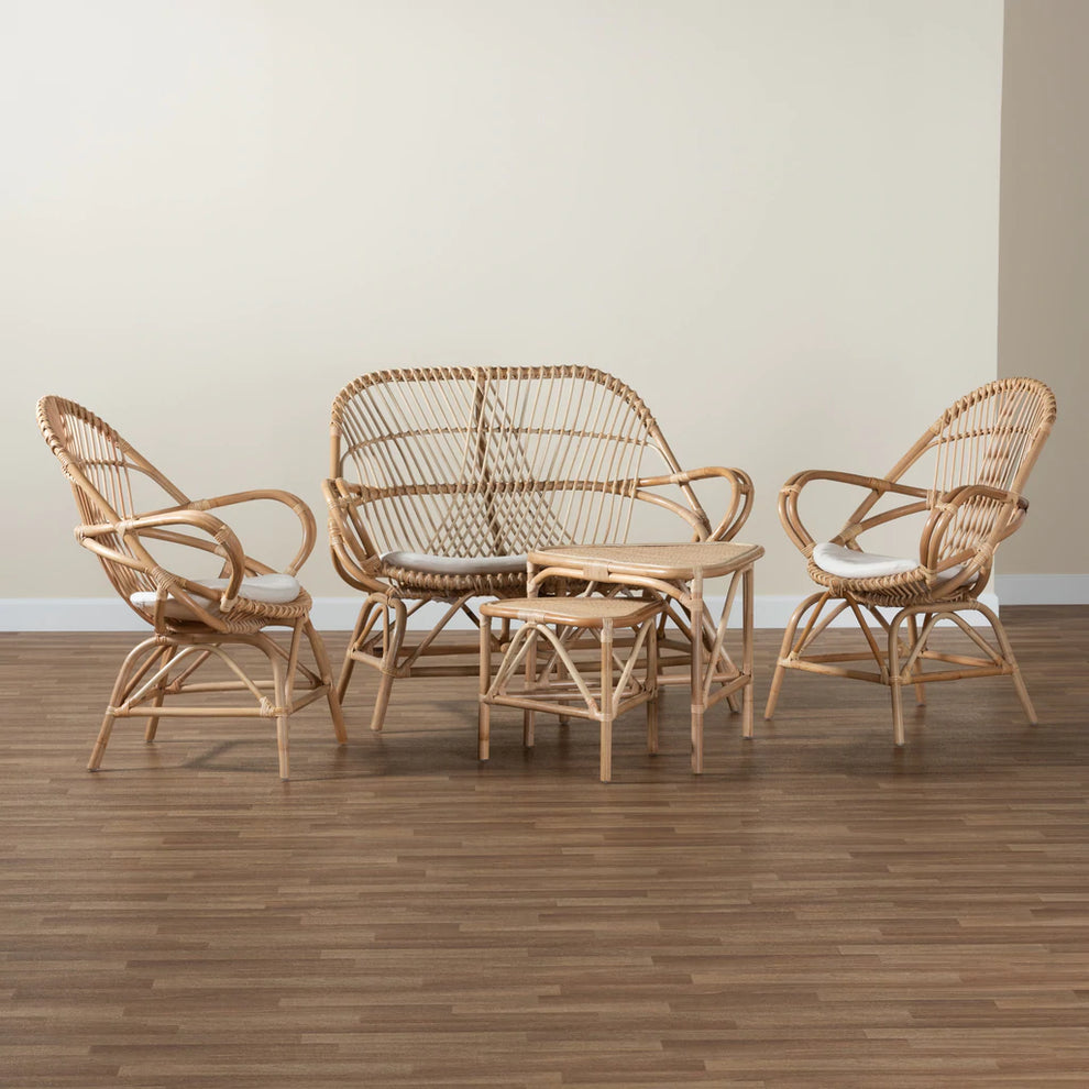 Baxton Studio Jayden Modern Bohemian White Fabric Upholstered and Natural Brown Finished Rattan 5-Piece Living Room Set | Sofas | Modishstore - 6