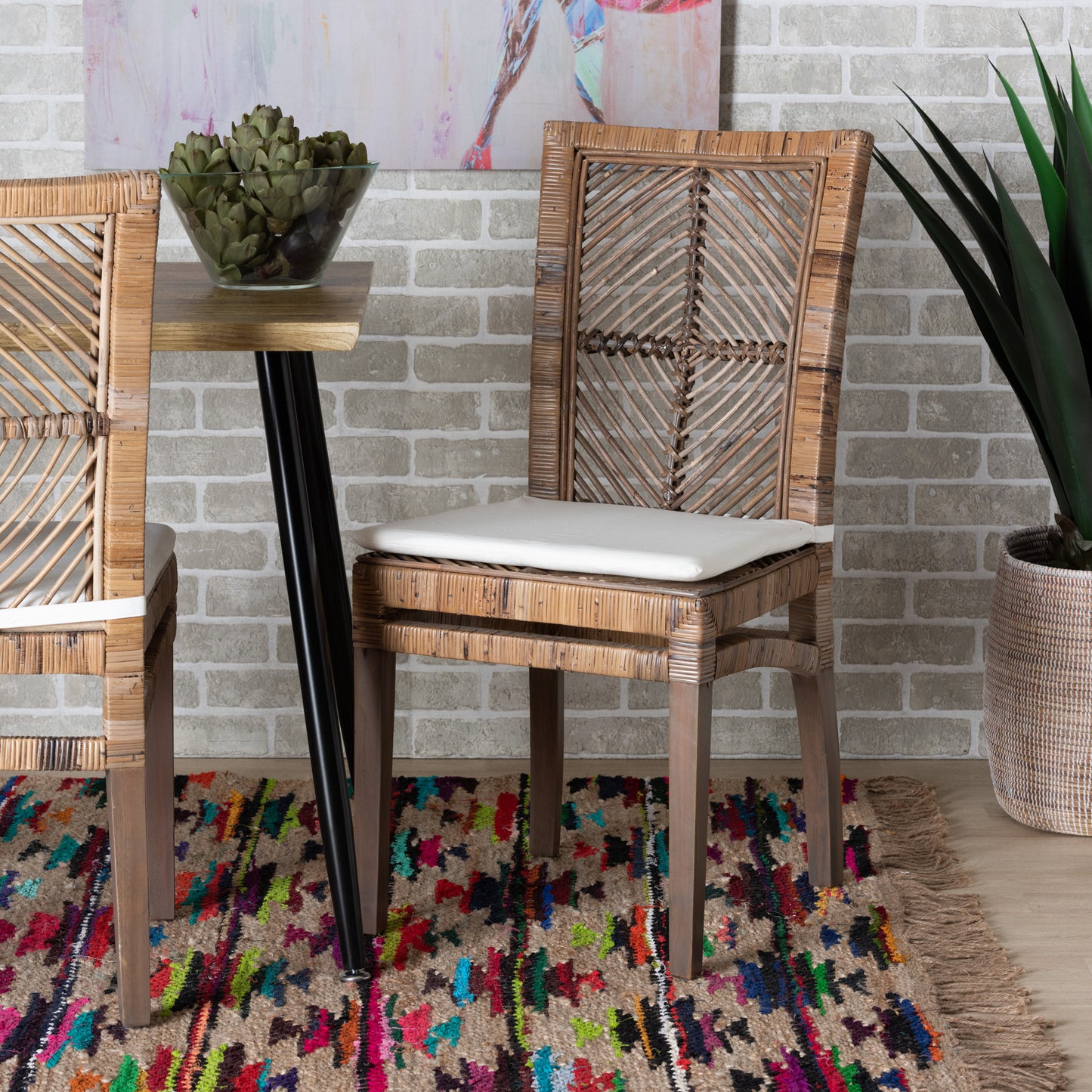 Baxton Studio Laluna Modern Bohemian Grey Natural Rattan And Mahogany Dining Chair With Cushion | Dining Chairs | Modishstore