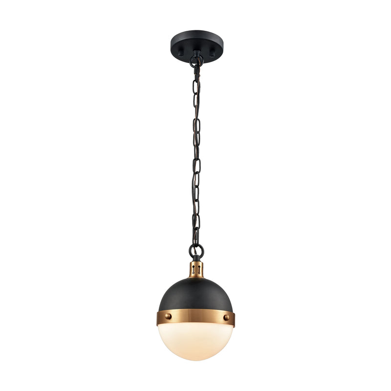 Harmelin 1-Light Mini Pendant in Matte Black and Satin Brass with White Opal Glass ELK Lighting | Pendant Lamps | Modishstore