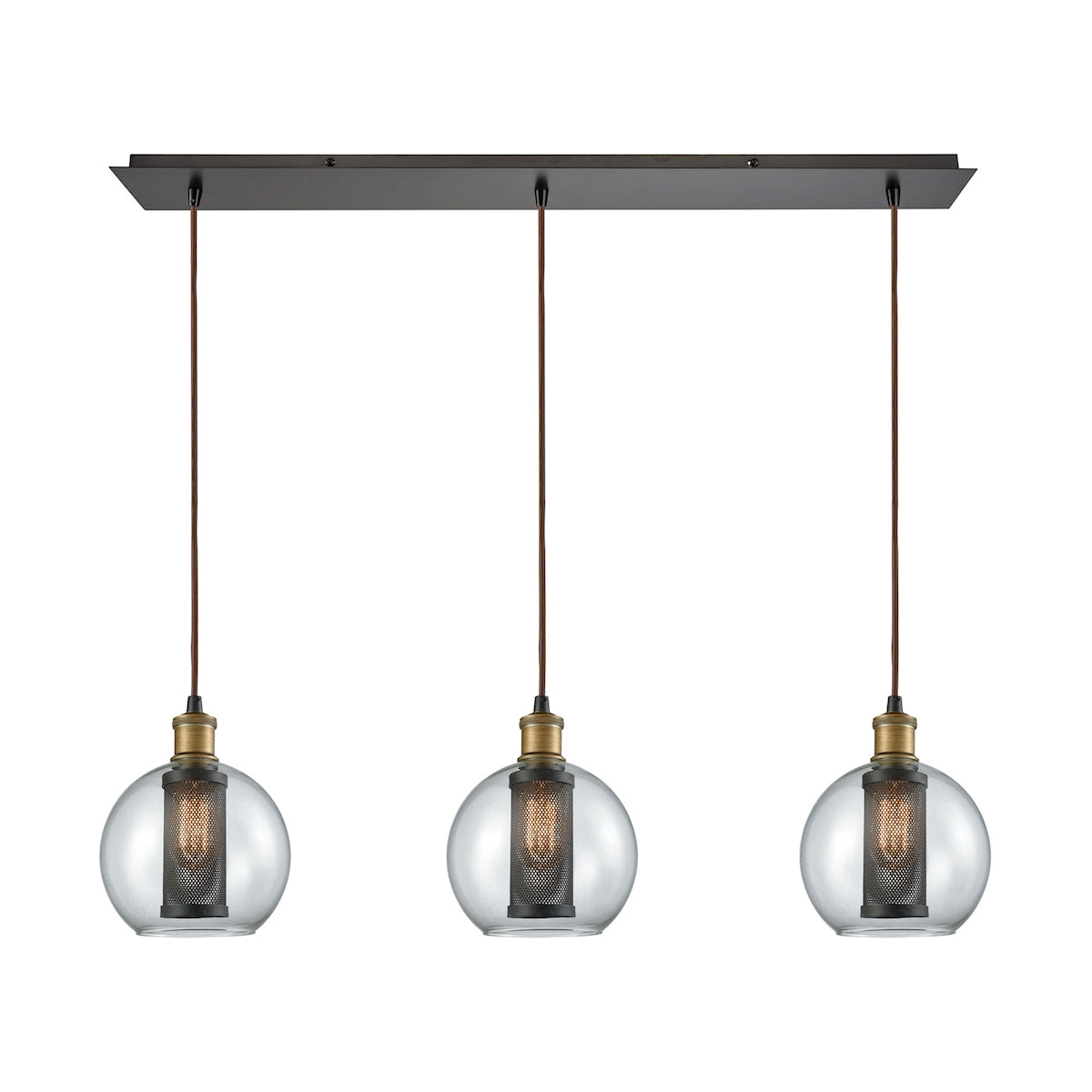 Bremington 3-Light Linear Mini Pendant Fixture in Oiled Bronze with Clear Glass and Cage ELK Lighting 14530/3LP | Pendant Lamps | Modishstore