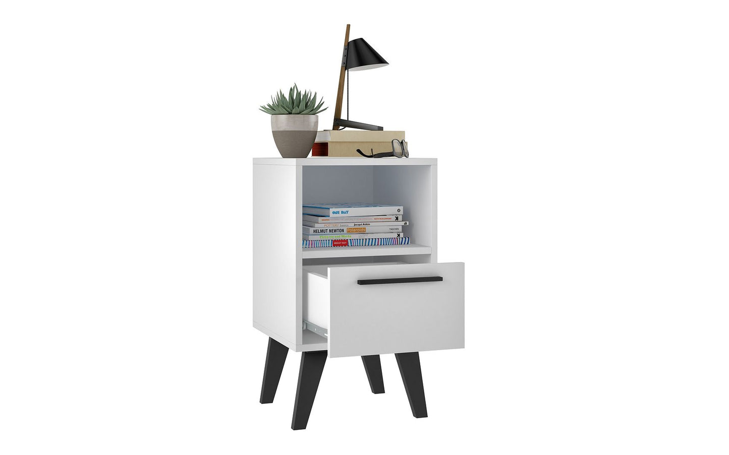 Manhattan Comfort Mid-Century- Modern Amsterdam Nightstand 1.0 with 1 Shelf in White | Nightstands | Modishstore-2