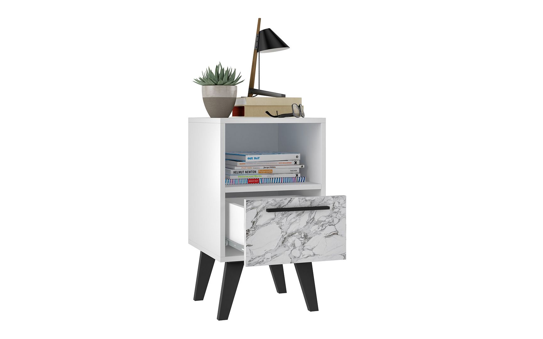 Manhattan Comfort Mid-Century- Modern Amsterdam Nightstand 1.0 with 1 Shelf in White | Nightstands | Modishstore-6