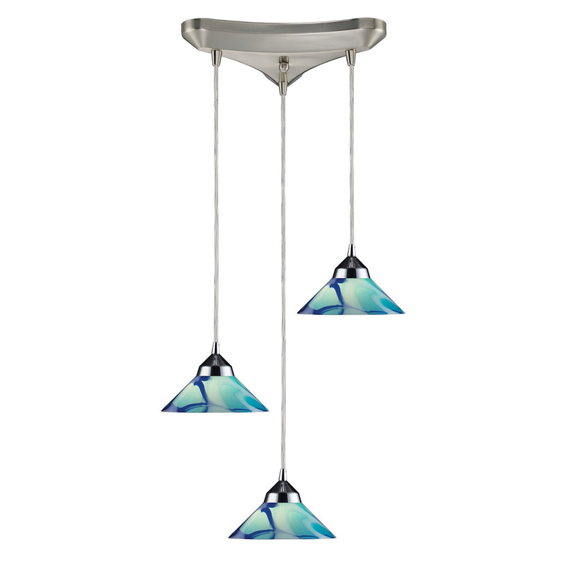 Refraction 3-Light Triangular Pendant Fixture in Polished Chrome with Caribbean Glass ELK Lighting | Pendant Lamps | Modishstore