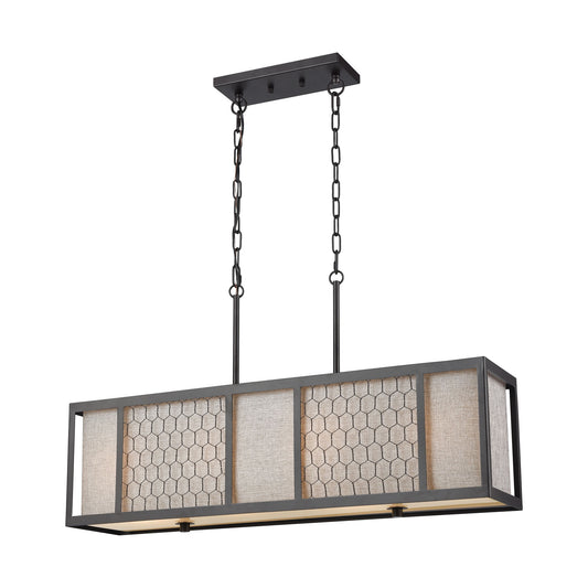 Filmore 4-Light Linear Chandelier in Oil Rubbed Bronze with Wire Mesh and Gray Linen Shade ELK Lighting | Chandeliers | Modishstore