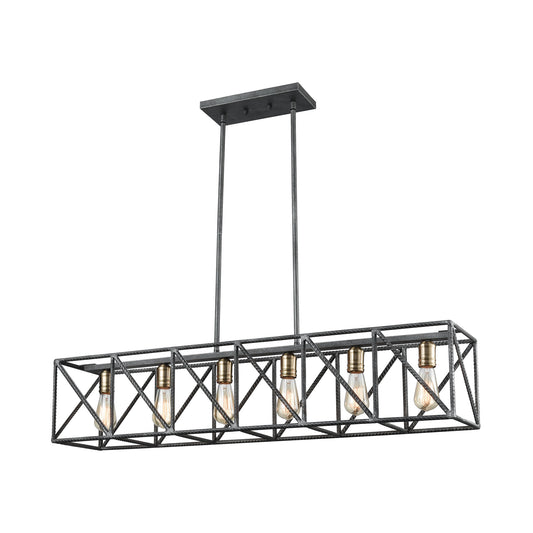 Crossbar 6-Light Linear Chandelier in Silverdust Iron and Satin Brass ELK Lighting | Chandeliers | Modishstore