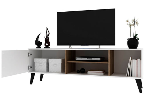 Manhattan Comfort Mid-Century- Modern Amsterdam 63" TV Stand with 4 Shelves in White and Oak | TV Stands | Modishstore