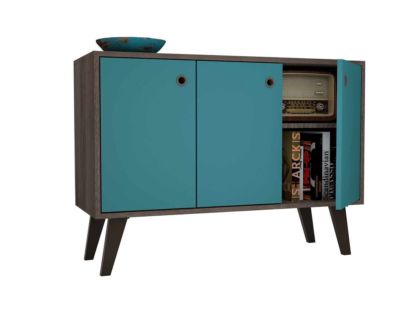 Manhattan Comfort Mid-Century- Modern Bromma 35.43" Sideboard 2.0 with 3 Shelves in Oak and Aqua Blue | Sideboards | Modishstore