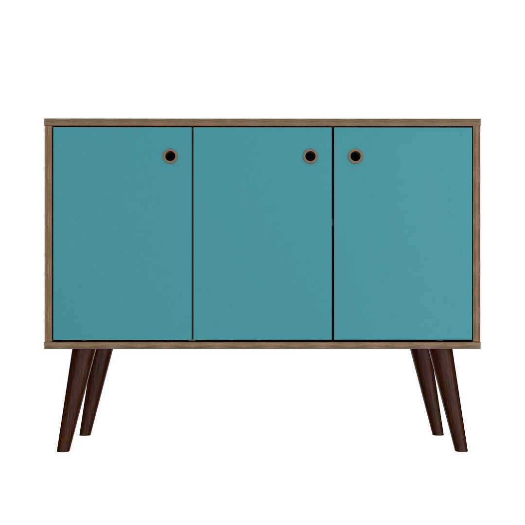 Manhattan Comfort Mid-Century- Modern Bromma 35.43" Sideboard 2.0 with 3 Shelves in Oak and Aqua Blue | Sideboards | Modishstore-3