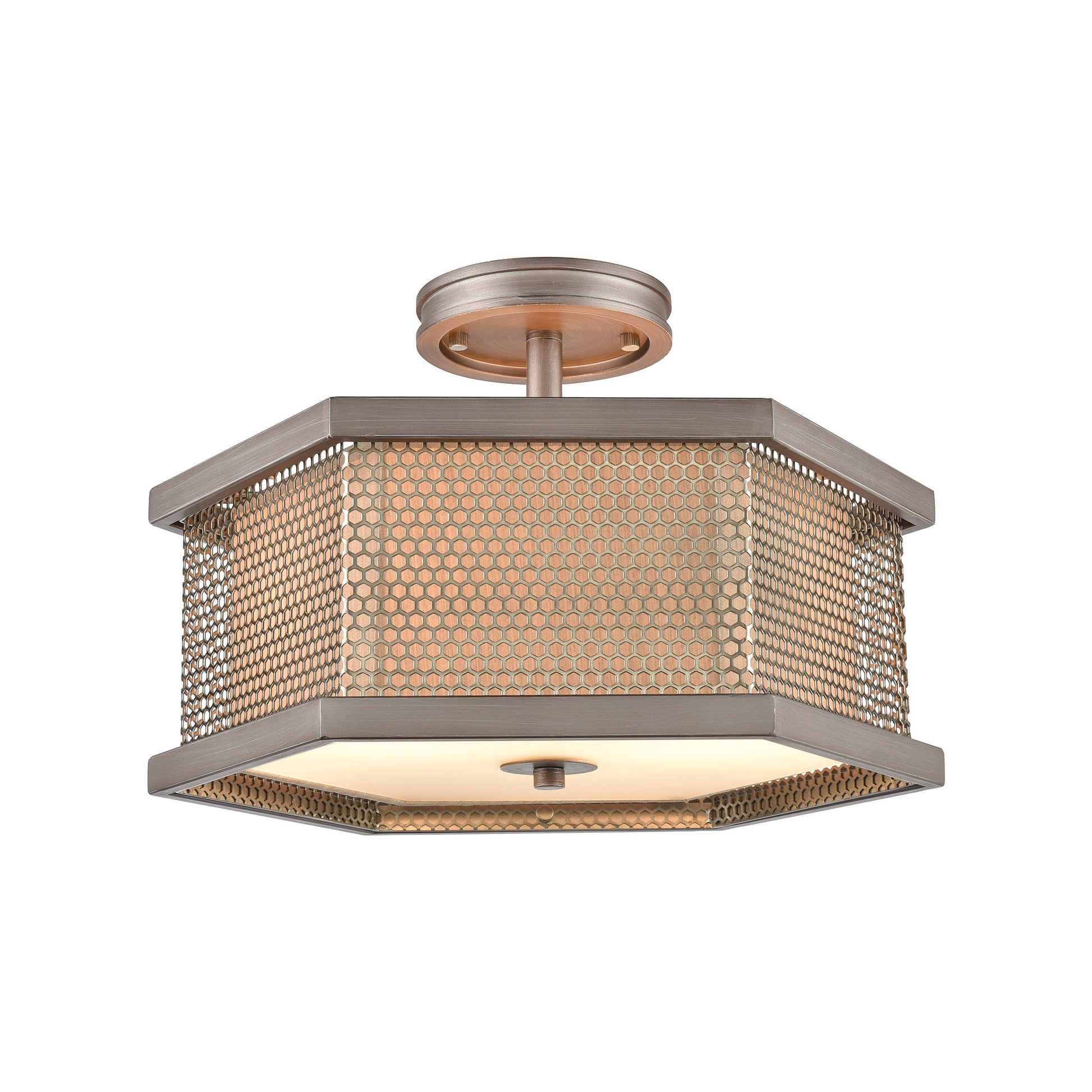 Crestler 2-Light Semi Flush in Weathered Zinc and Polished Nickel Mesh with Beige Fabric Shade by ELK Lighting | Modishstore | Ceiling Lamps