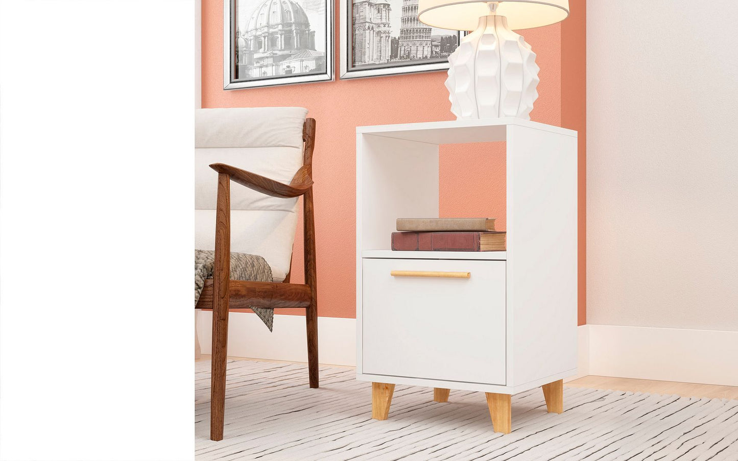 Manhattan Comfort Mid-Century - Modern Herald Nightstand with 1 Shelf in White | Nightstands | Modishstore-3