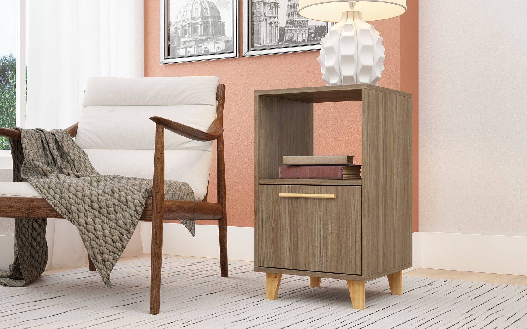 Manhattan Comfort Mid-Century - Modern Herald Nightstand with 1 Shelf in Oak Brown | Nightstands | Modishstore-3