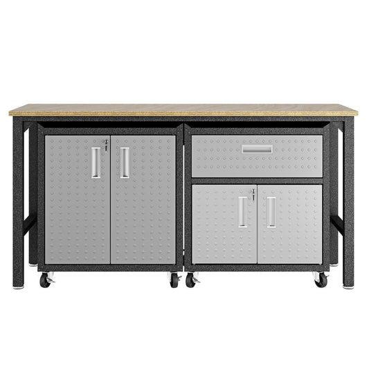 Manhattan Comfort 3-Piece Fortress Mobile Space-Saving Steel Garage Cabinet and Worktable 2.0 in Grey | Drawers | Modishstore