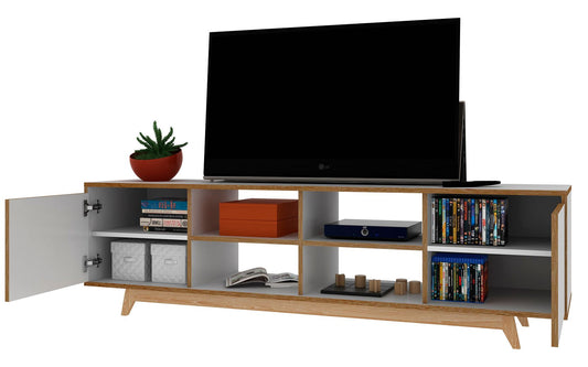 Manhattan Comfort Mid-Century - Modern Jones 63" TV Stand in with 8 Shelves White and Pine Wood | TV Stands | Modishstore