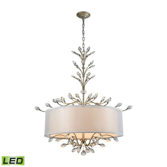 Asbury 6-Light Chandelier in Aged Silver with Organza and White Fabric Shade - Includes LED Bulbs | Chandeliers | Modishstore
